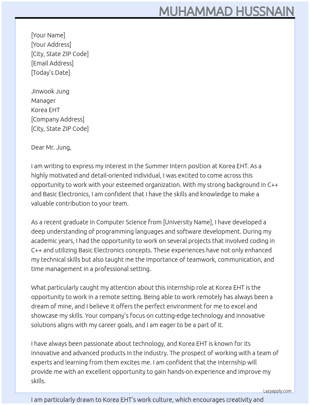 Summer Intern At Korea EHT Cover Letter