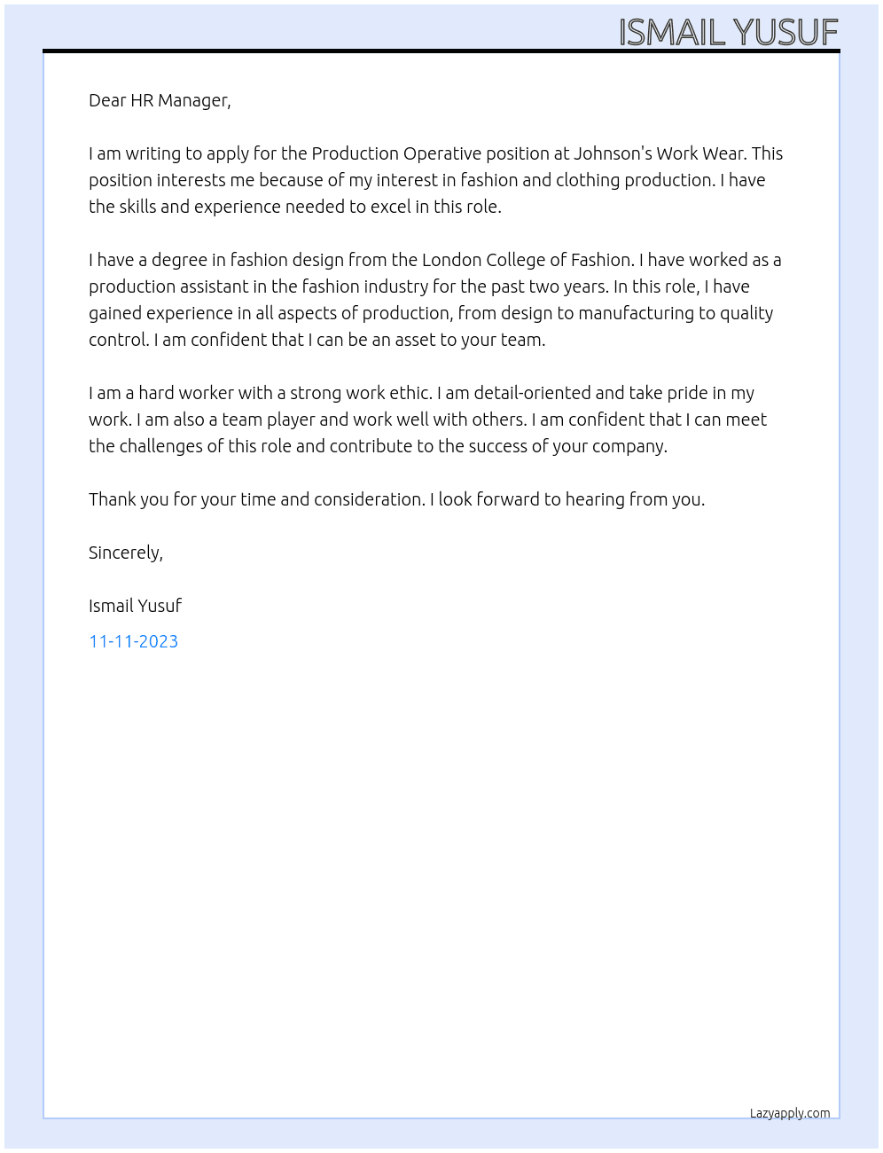 Productions operative At Johnson's work wear Cover Letter