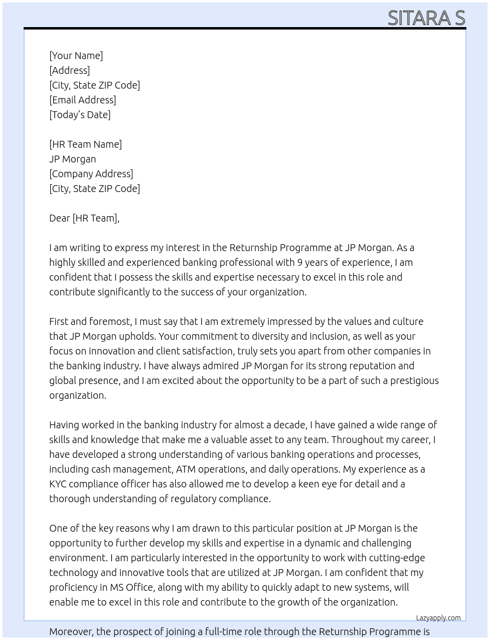 Cover letter for returnship programme - LazyApply