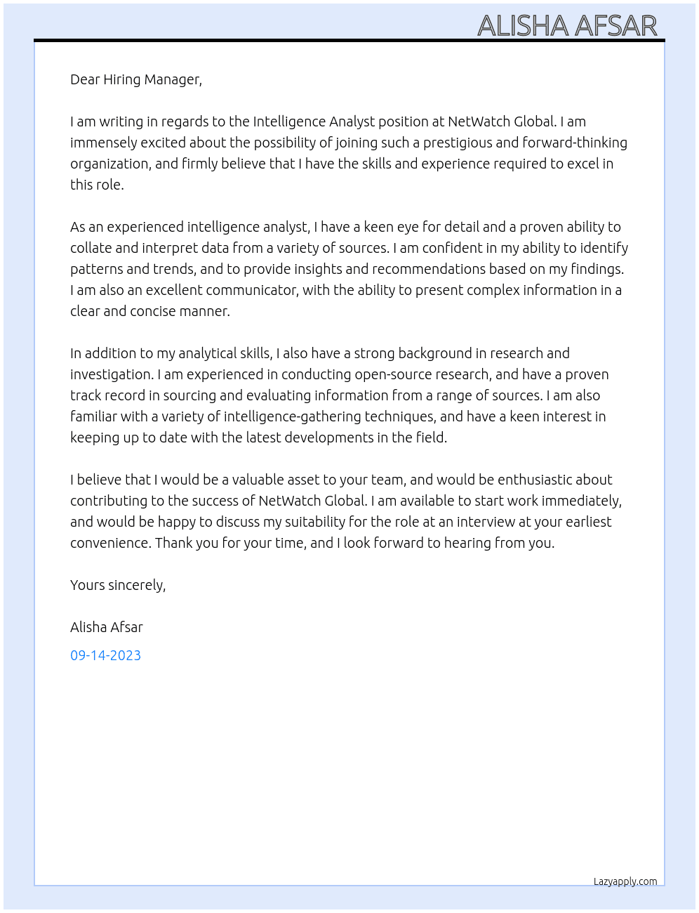Intelligence Analyst At NetWatch Global Cover Letter