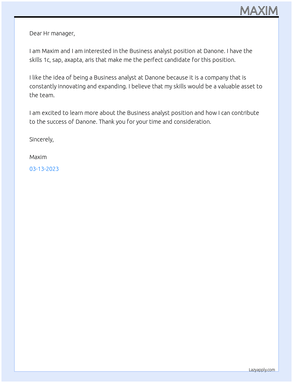 Business analyst  At Danone Cover Letter