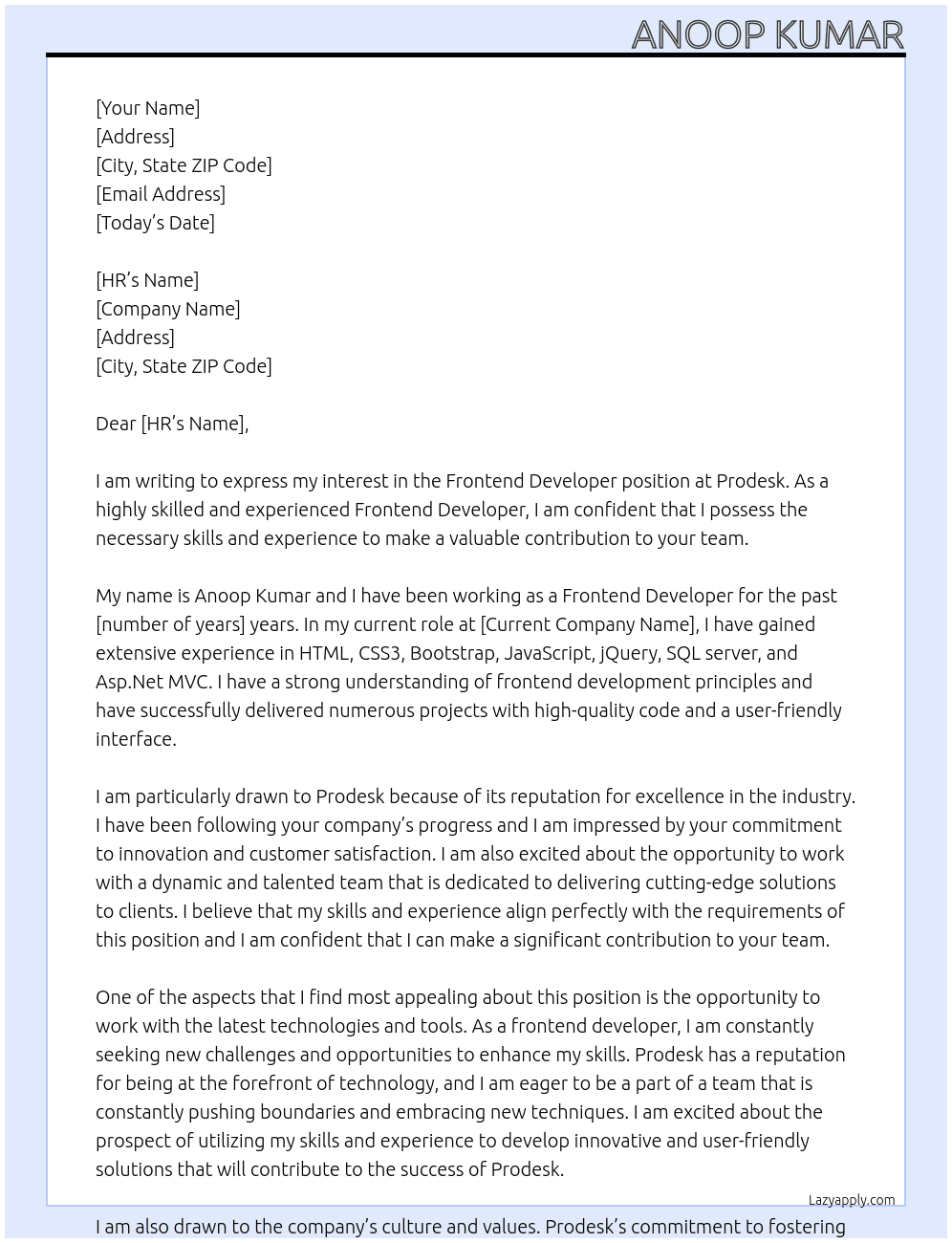 Frontend developer  At Prodesk Cover Letter
