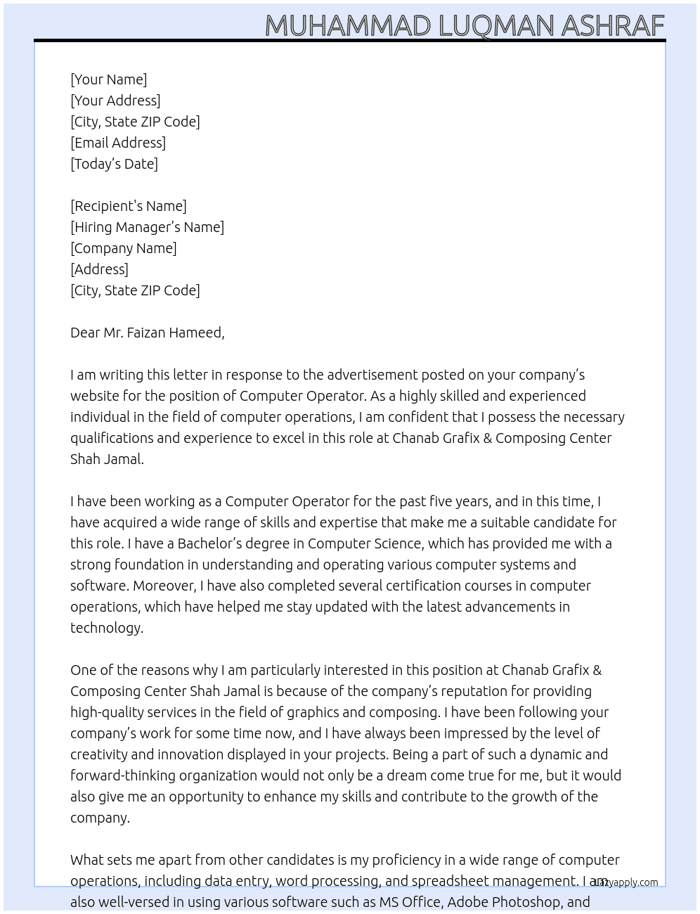 Coomputer Operator At Chanab Grafix & Composing Center Shah Jamal Cover Letter