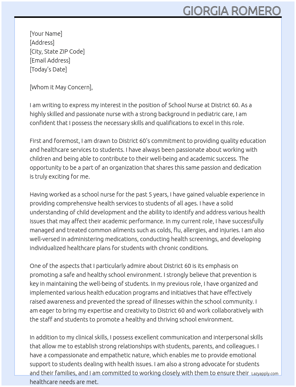 School nurse  At District 60 Cover Letter