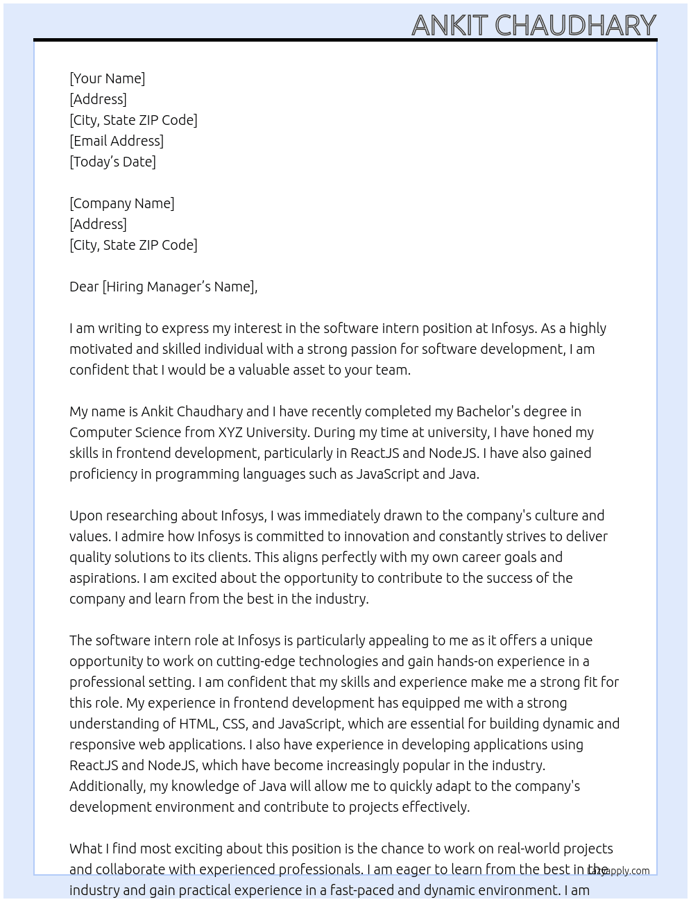 software intern At Infosys Cover Letter