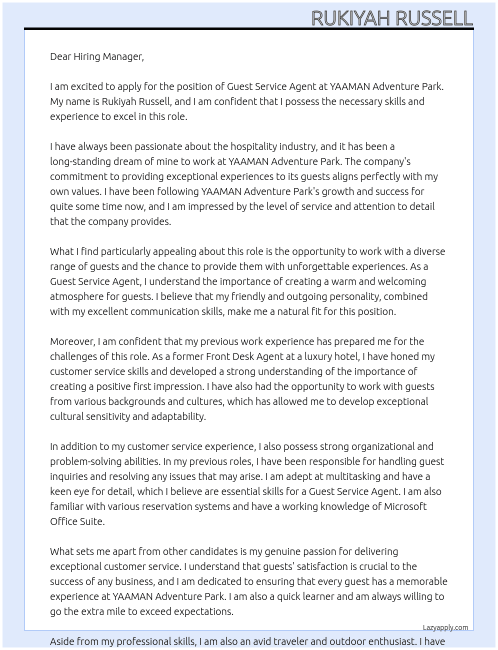 Guest Service Agent At YAAMAN Adventure Park Cover Letter