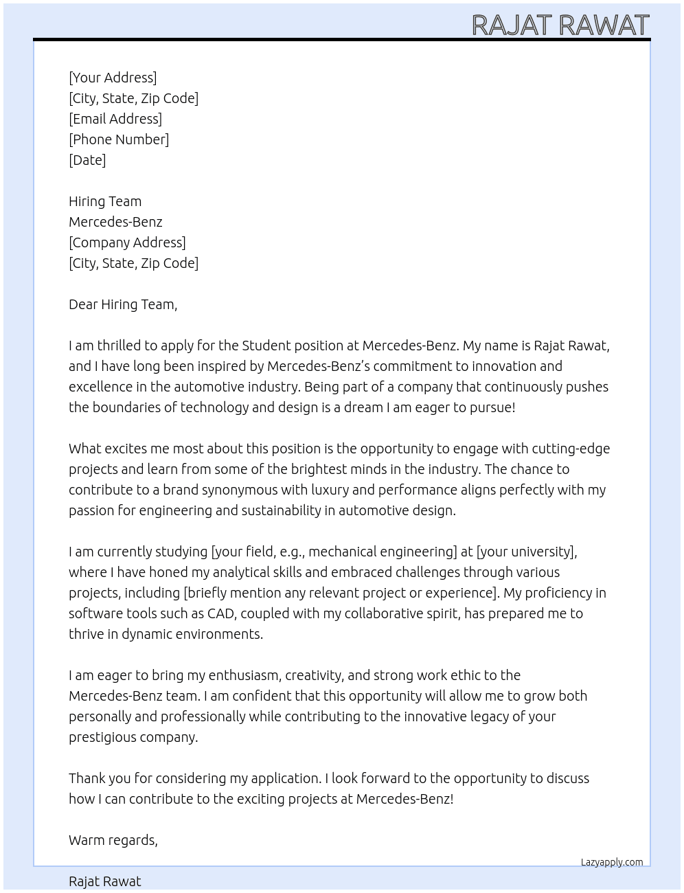 student At Merc benz Cover Letter
