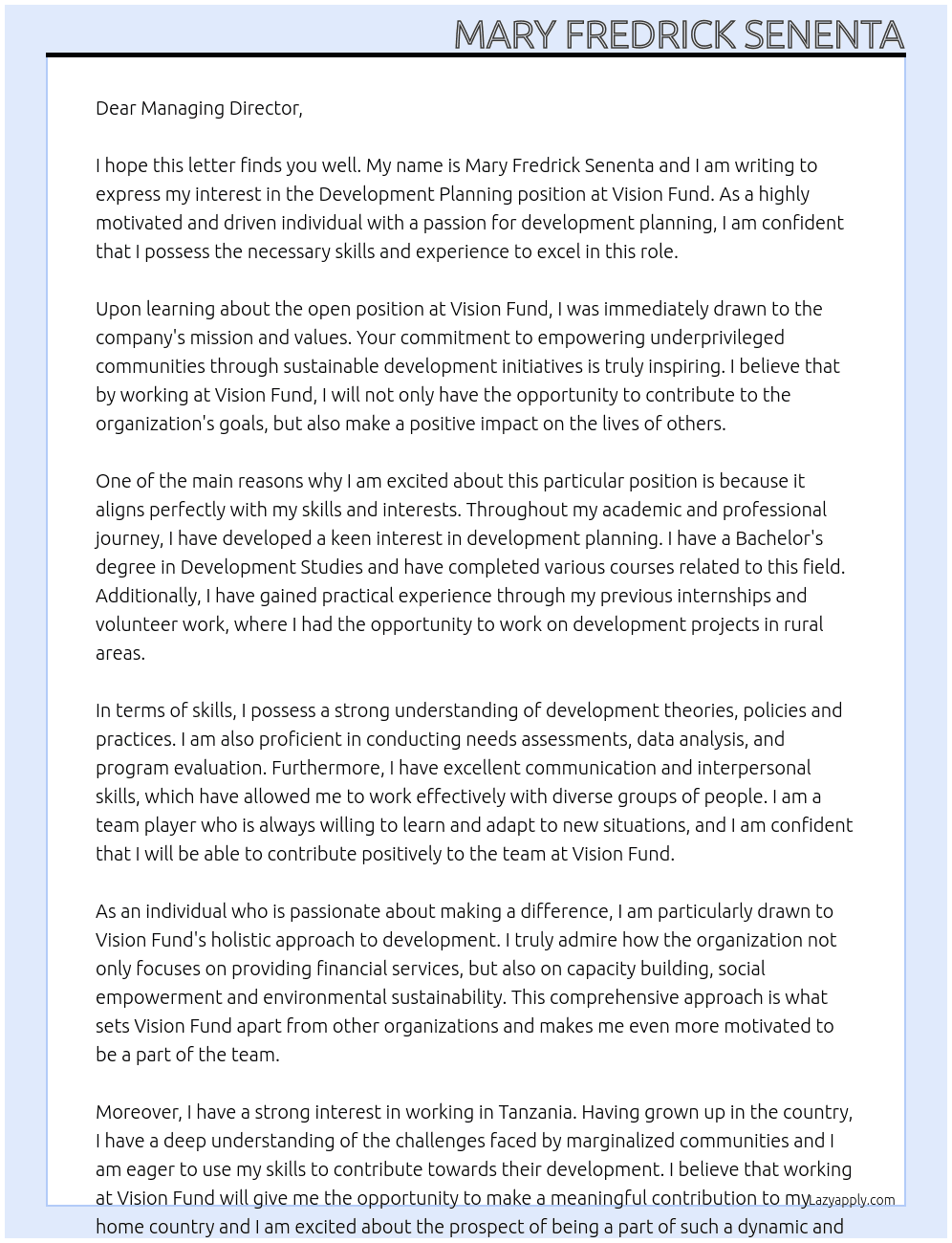 Development Planning At Vision Fund Cover Letter