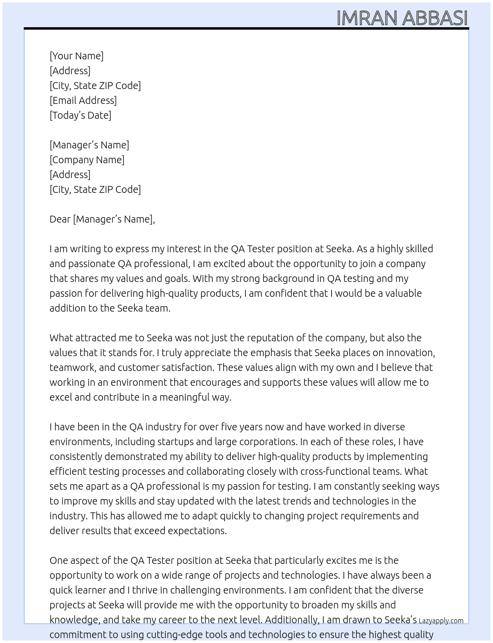 Qa Tester  At Seeka Cover Letter