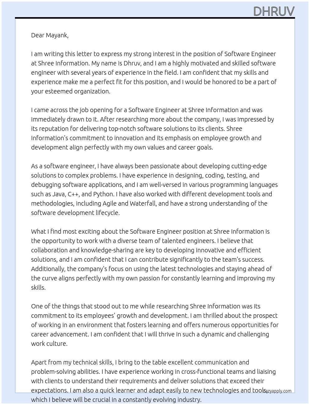 software engineer At shree information Cover Letter