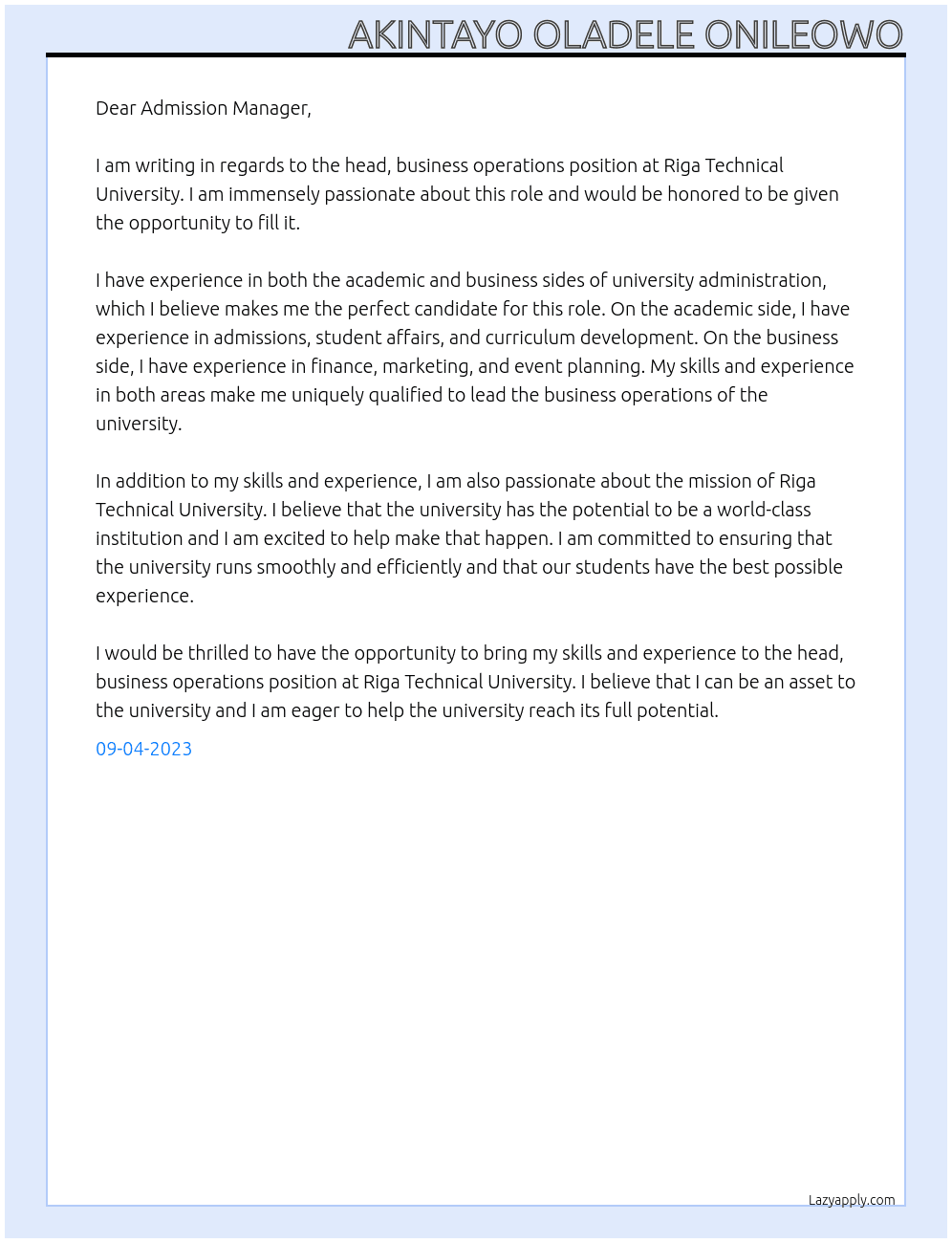 Head, business operations At Riga technical university Cover Letter
