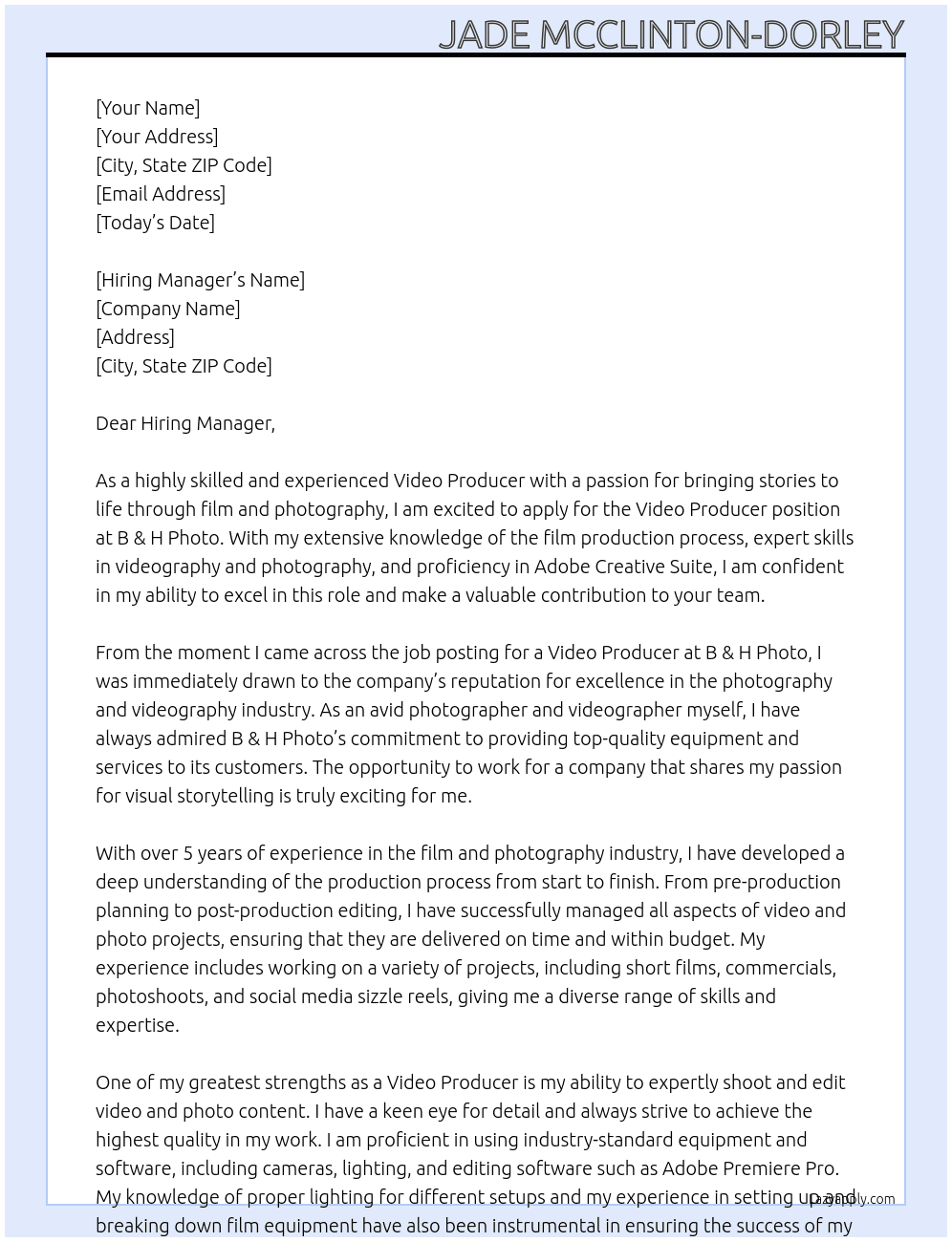 Video Producer At B & H Photo Cover Letter