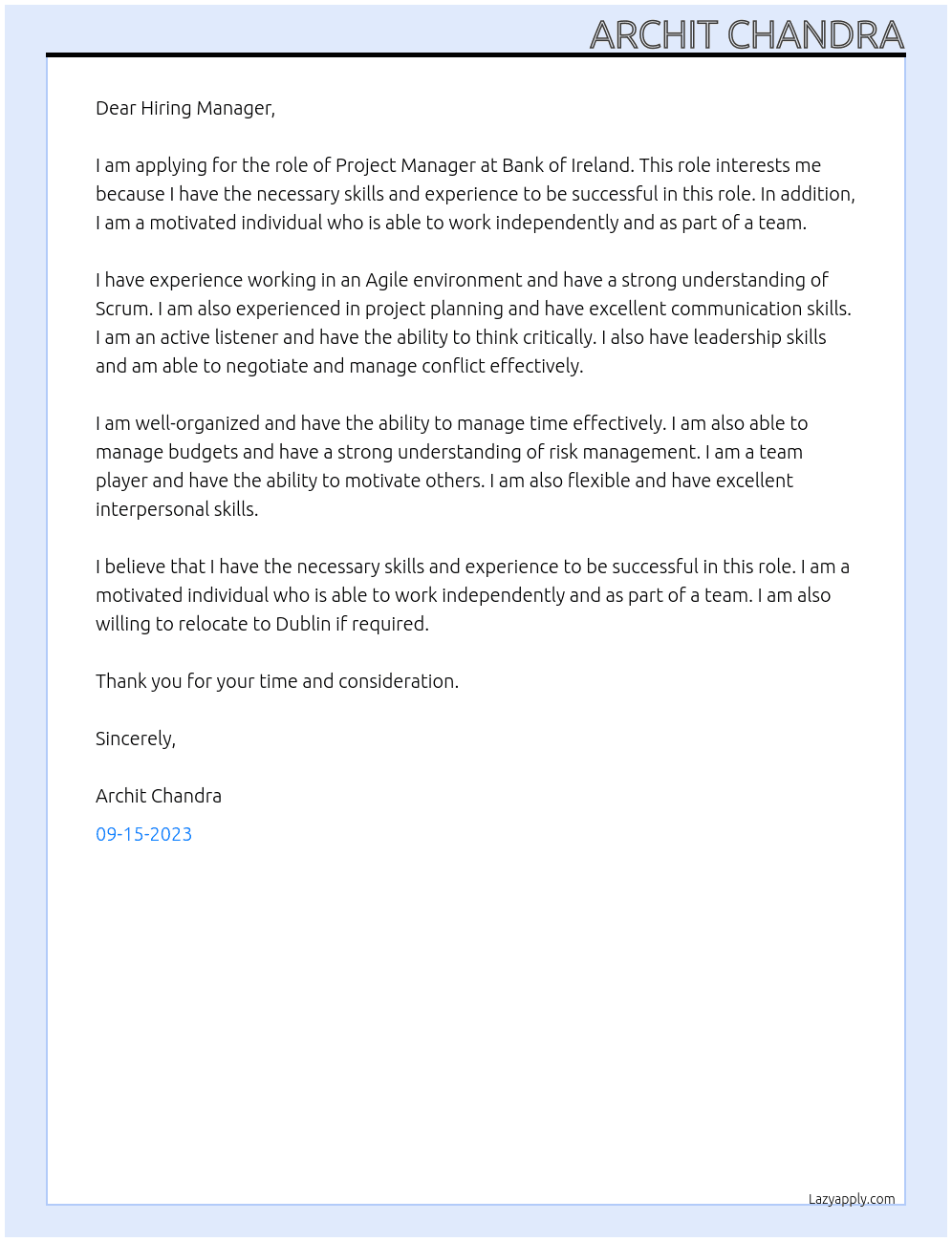 Project Manager At Bank of Ireland Cover Letter