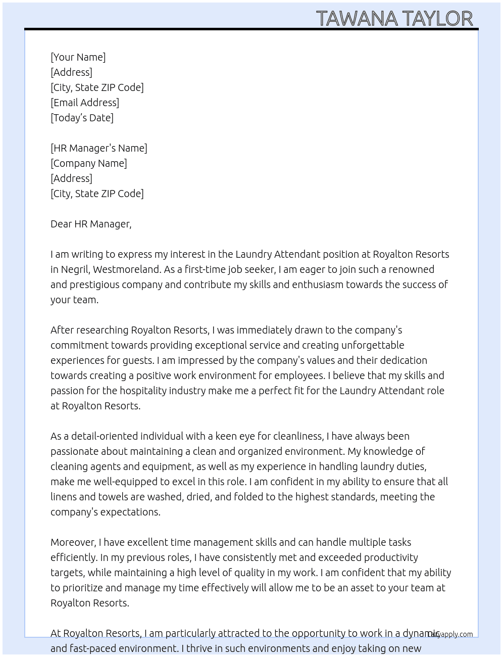 laundry Attendant   At Royalton Resorts  Cover Letter