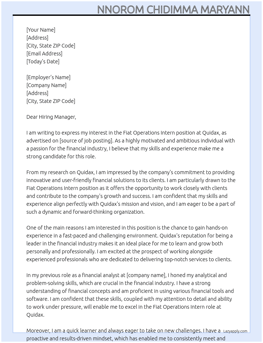 Fiat operations intern At Quidax Cover Letter
