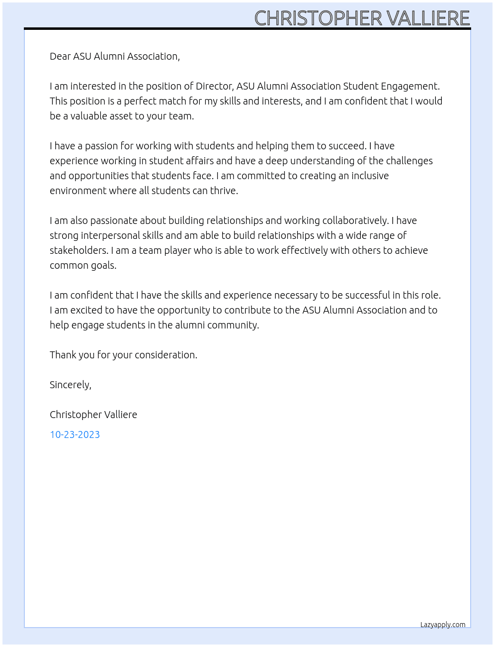Director, ASU Alumni Association Student Engagement At Arizona State Univeristy Cover Letter