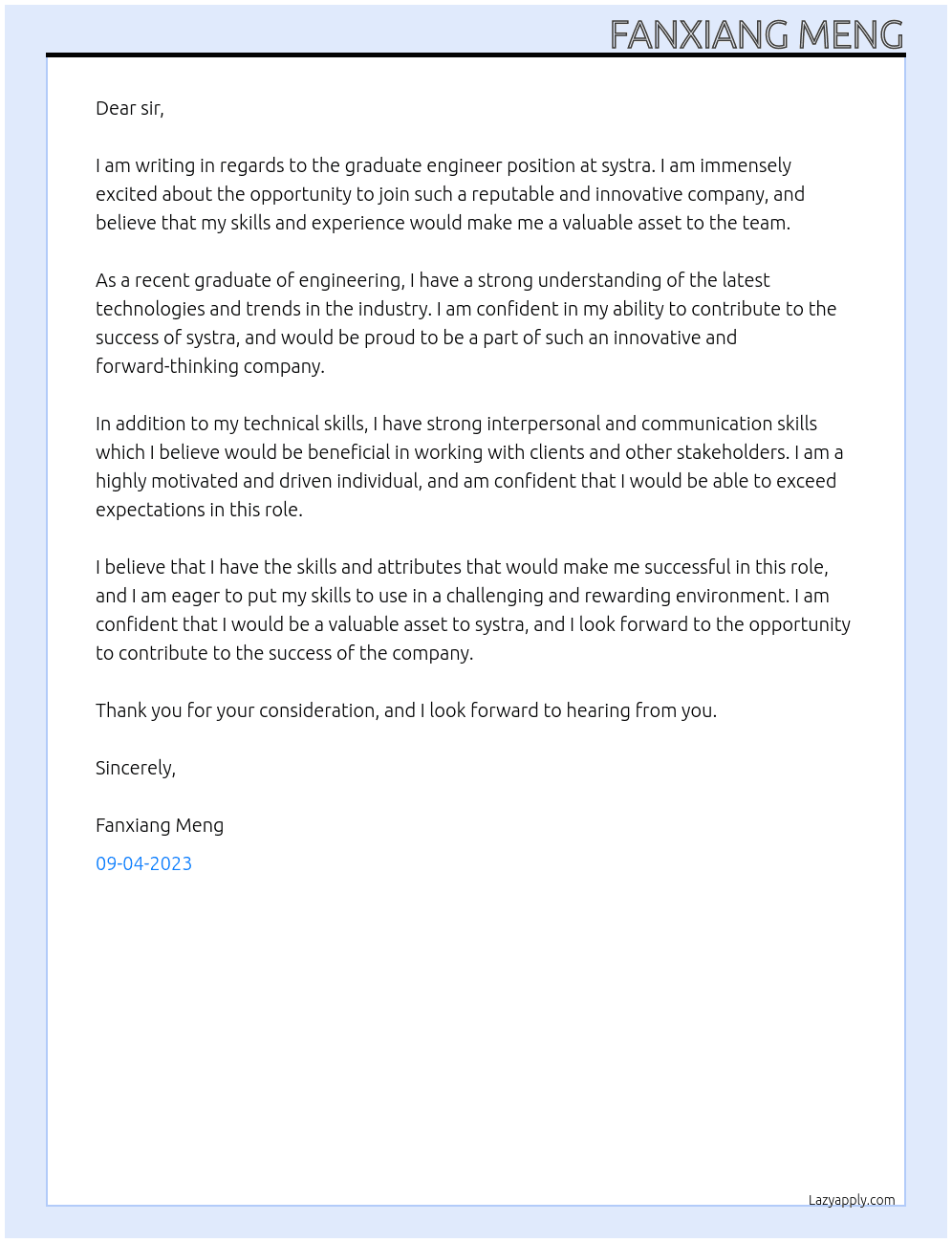 Graduate engineer At systra Cover Letter