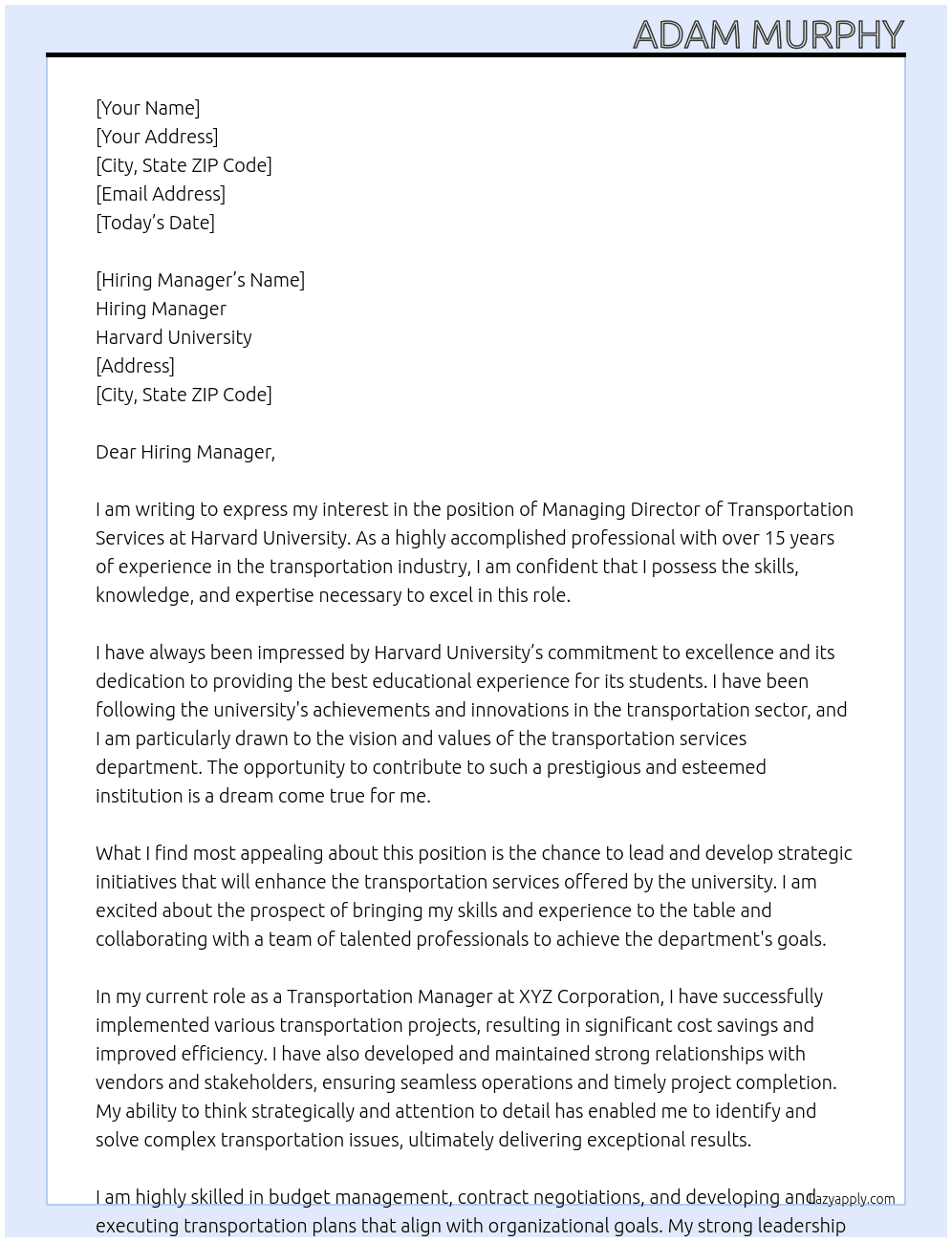 Managing Director Transportation Services At Harvard University Cover Letter