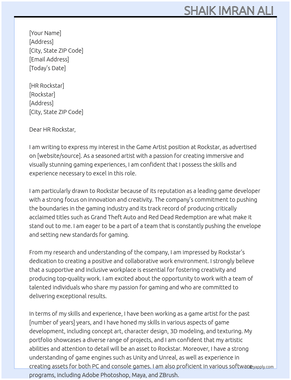 Game artist  At Rockstar  Cover Letter