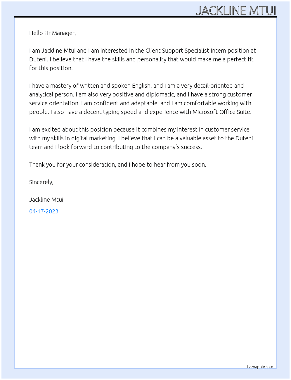 Client Support Specialist Intern At Duteni Cover Letter