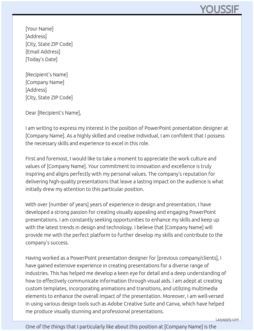PowerPoint presentation designer At your job Cover Letter