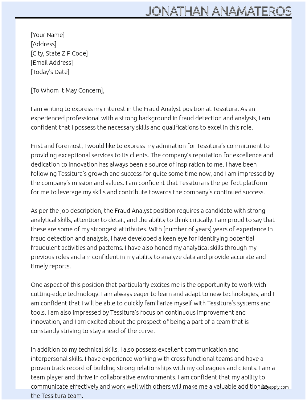 Fraud Analyst At Tessitura Cover Letter