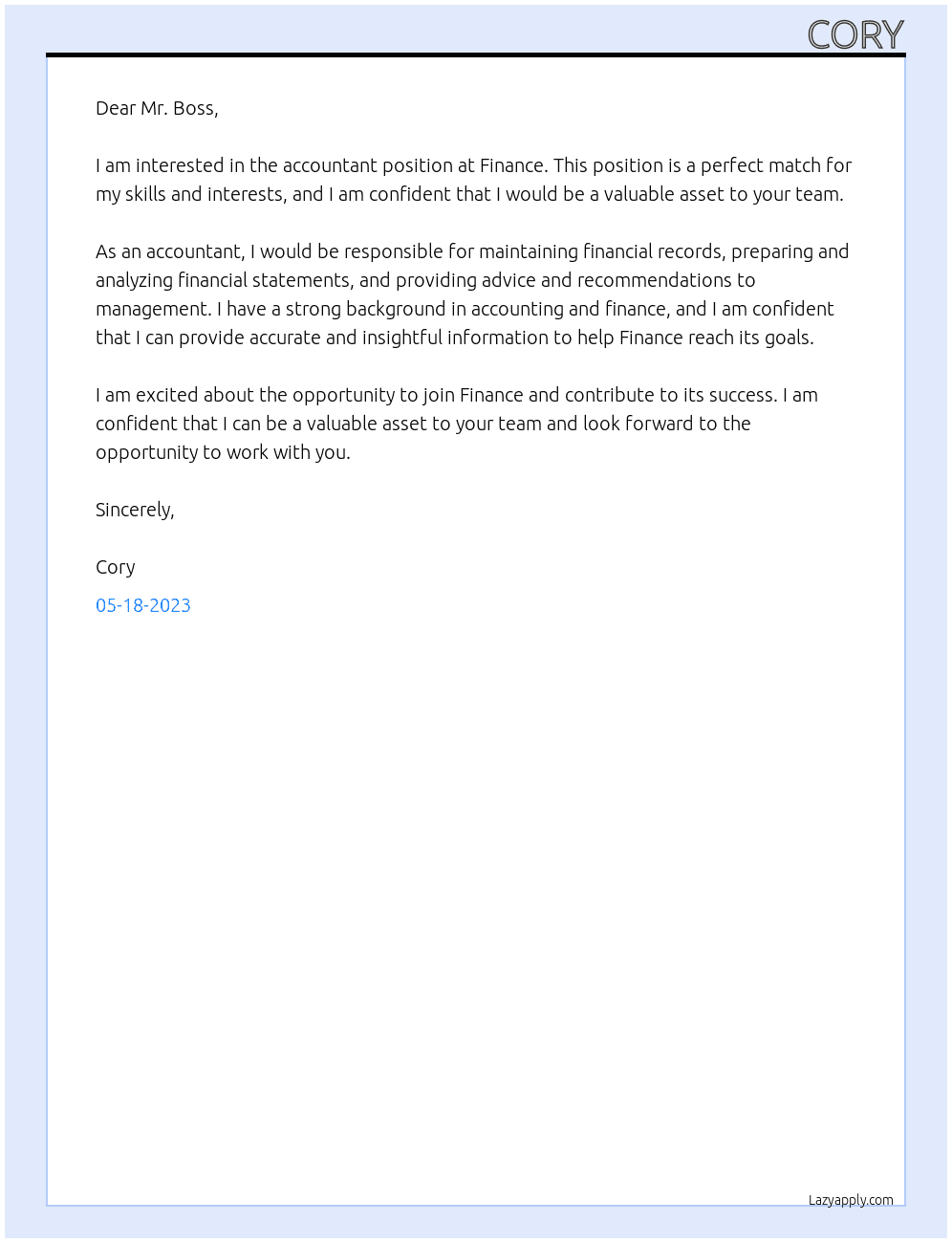 Accountant At Finance Cover Letter