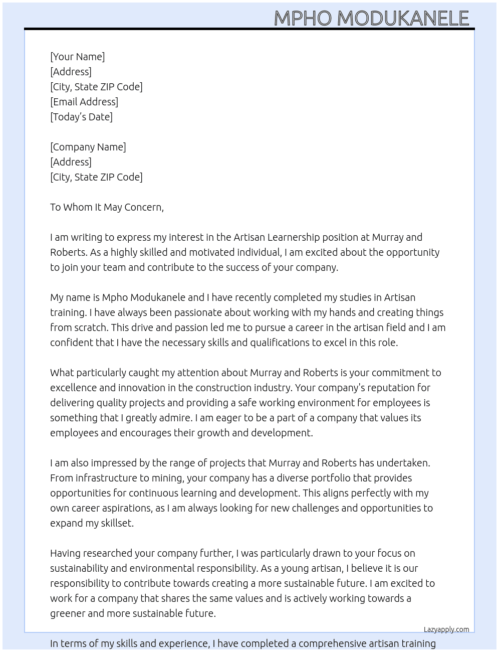 Cover letter for artisan learnedship - LazyApply