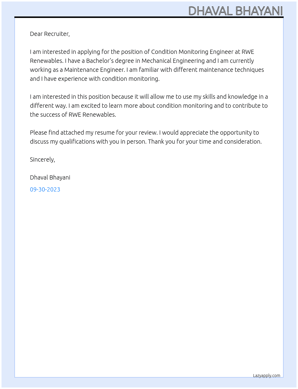 Condition Monitoring Engineer At RWE Renewables Cover Letter