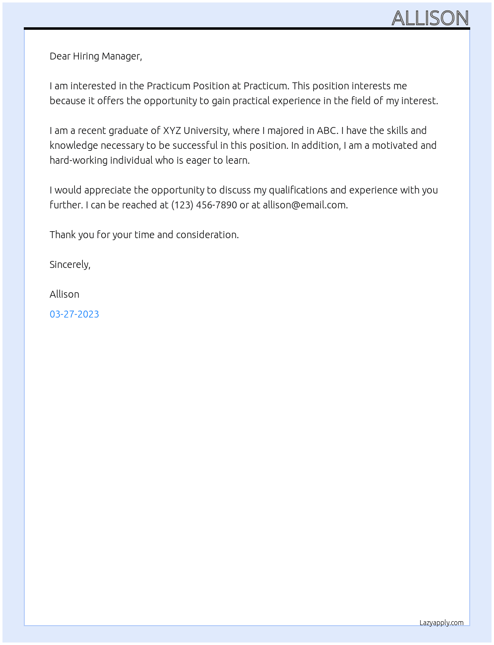Practicum Position At Practicum Cover Letter
