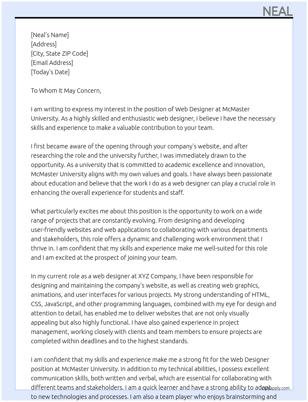 Web Designer At McMaster University Cover Letter