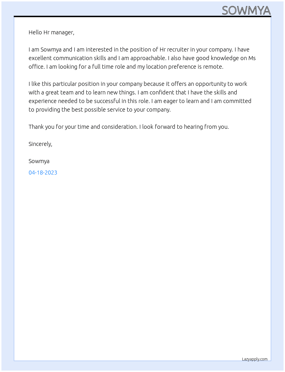 Hr recruiter  At Xo Cover Letter