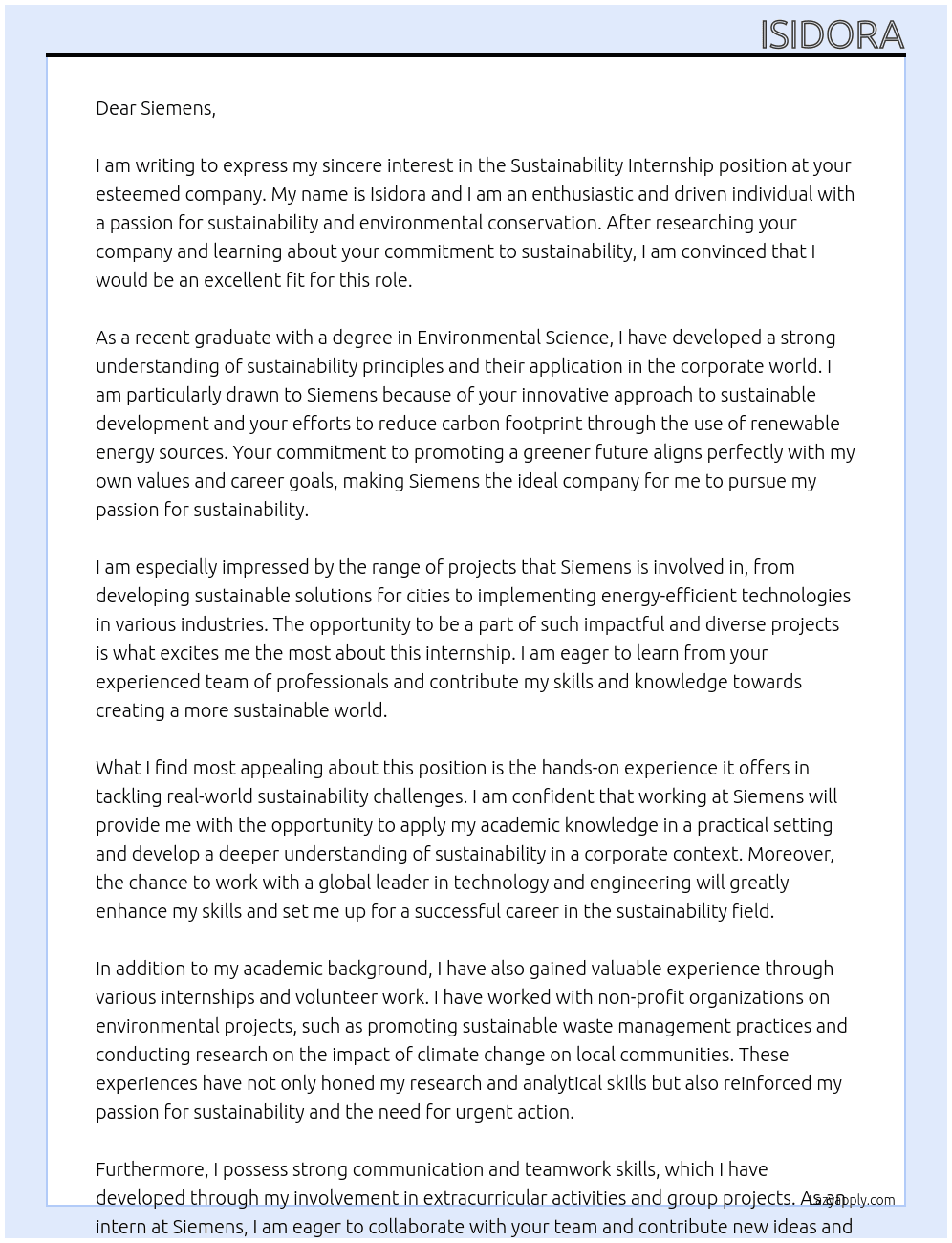 Sustainability Internship At Siemens Cover Letter