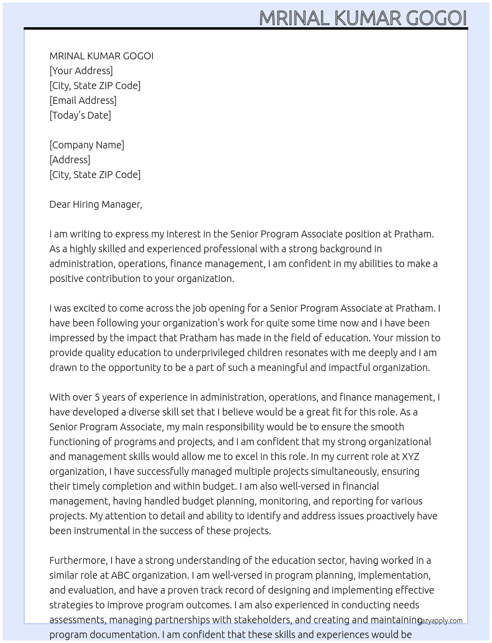 Senior Program Associate At Pratham Cover Letter