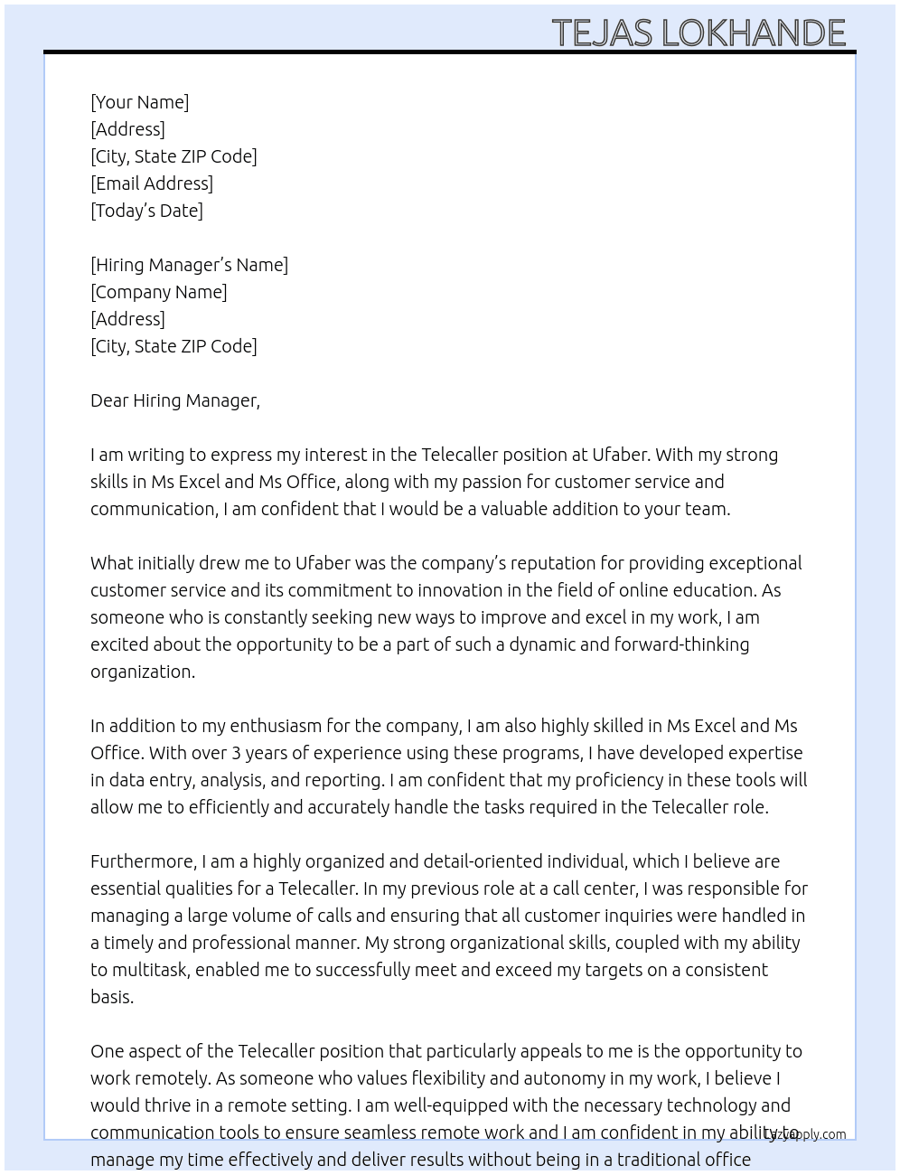 Telecaller  At Ufaber  Cover Letter