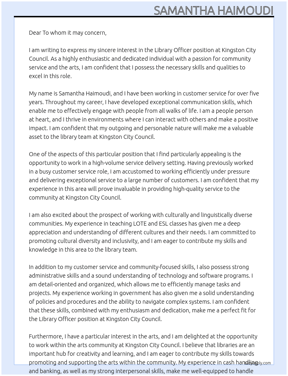 Library Officer At Kingston City Council Cover Letter