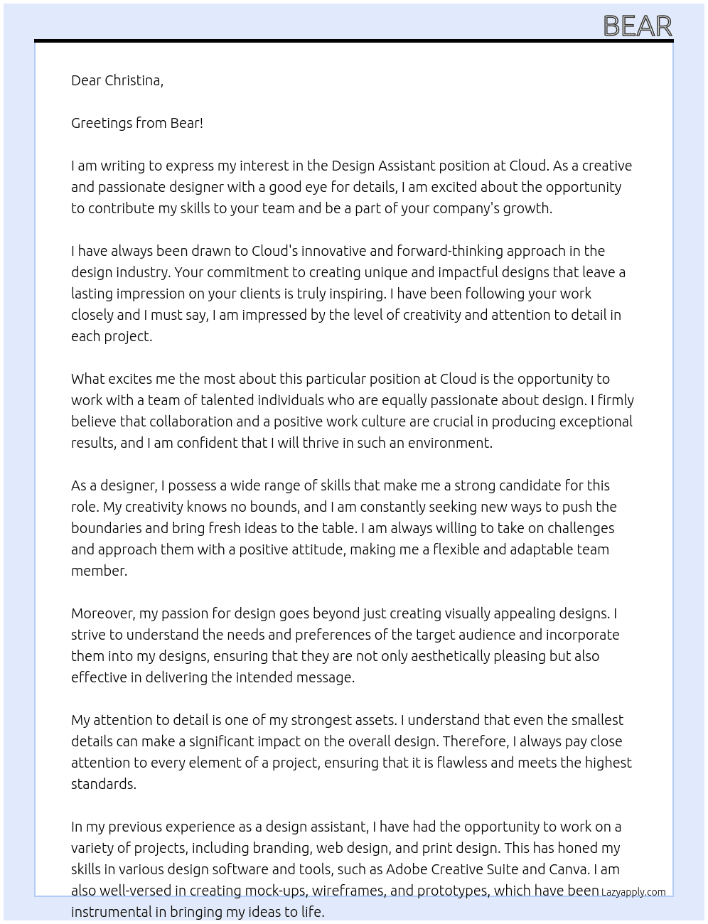 Design Assistant At cloud Cover Letter
