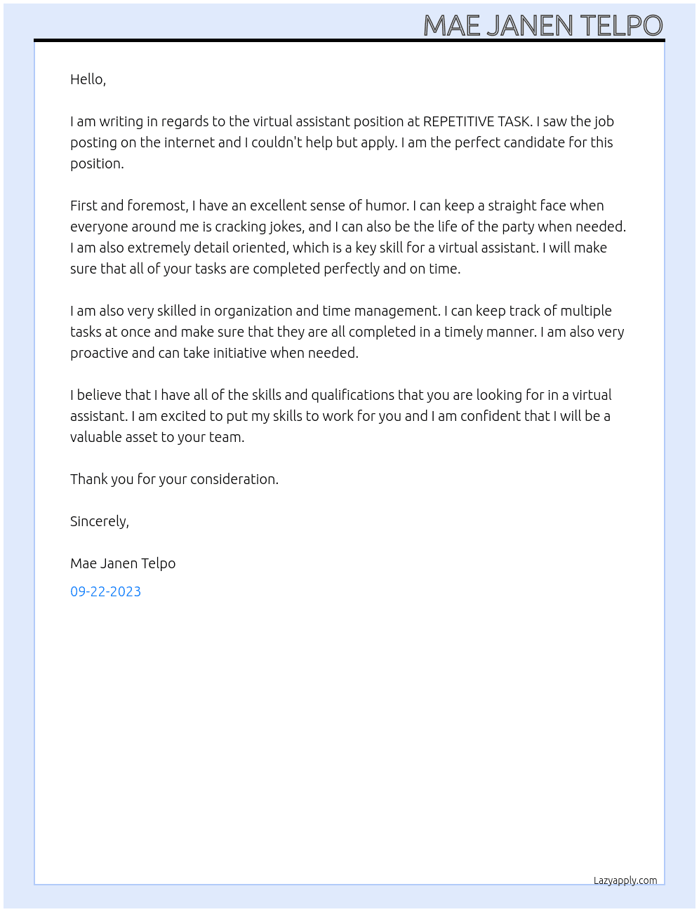 Virtual Assistant At REPETITIVE TASK Cover Letter