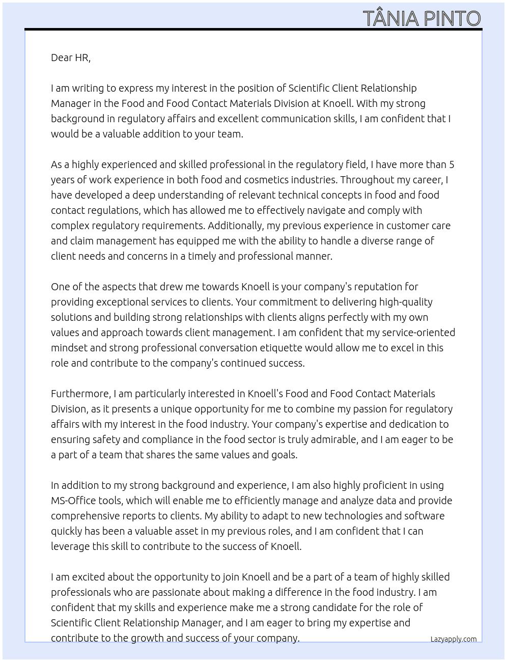 Scientific Client Relationship Manager, Food and Food Contact Materials Division At Knoell Cover Letter
