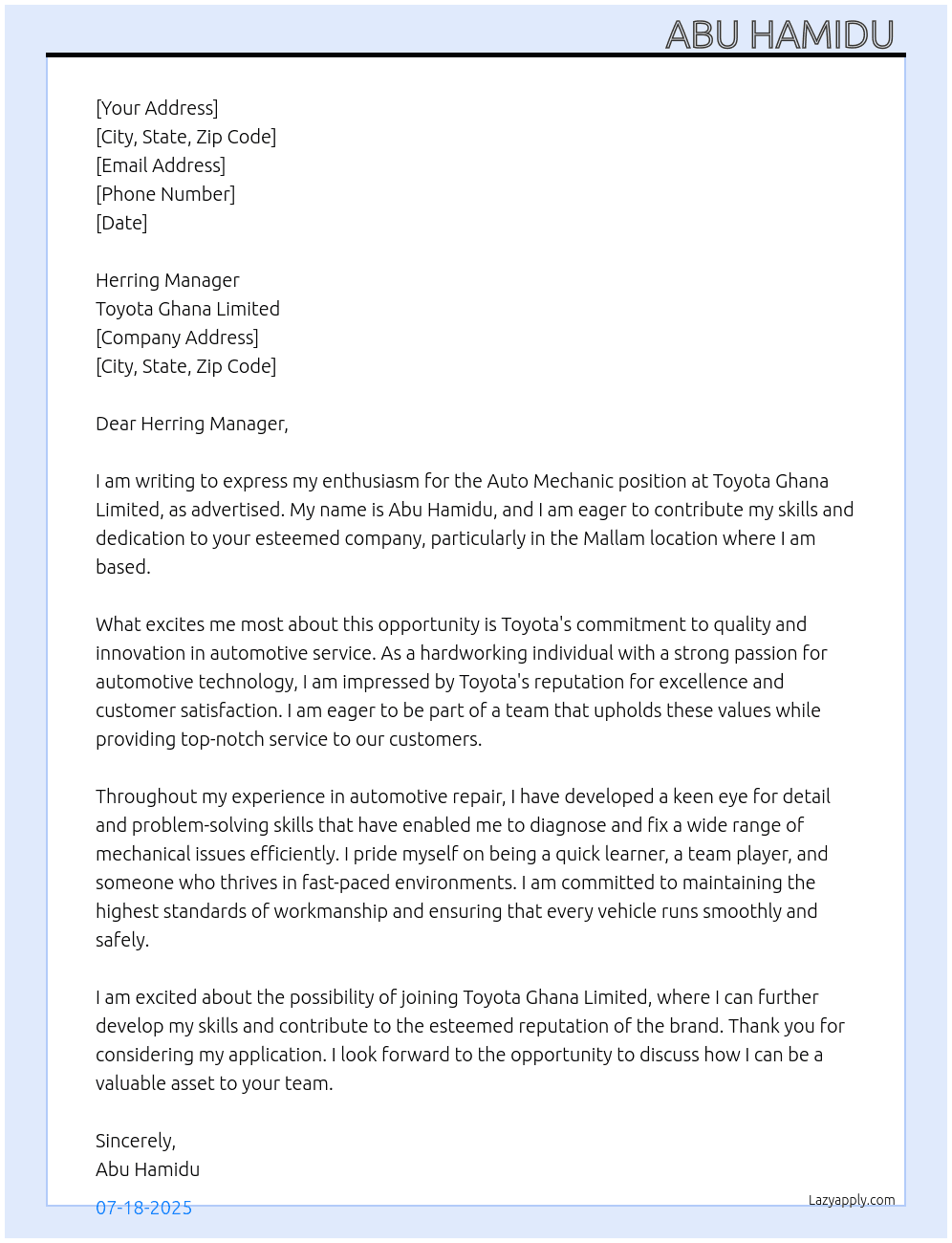 Auto mechanic  At Toyota Ghana limited  Cover Letter