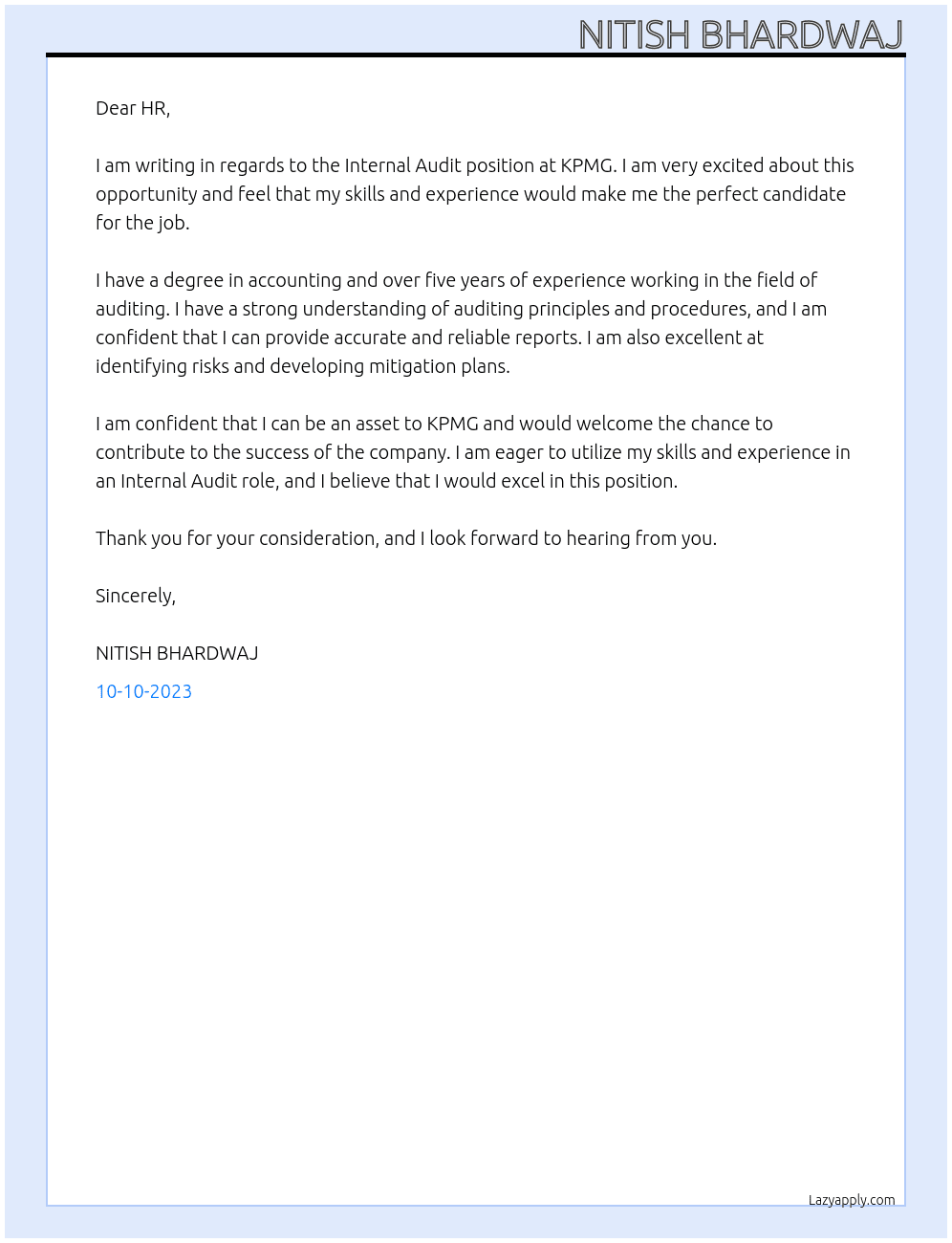 Internal Audit At KPMG Cover Letter