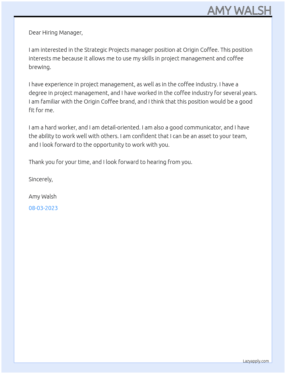Strategic Projects manager At Origin Coffee Cover Letter