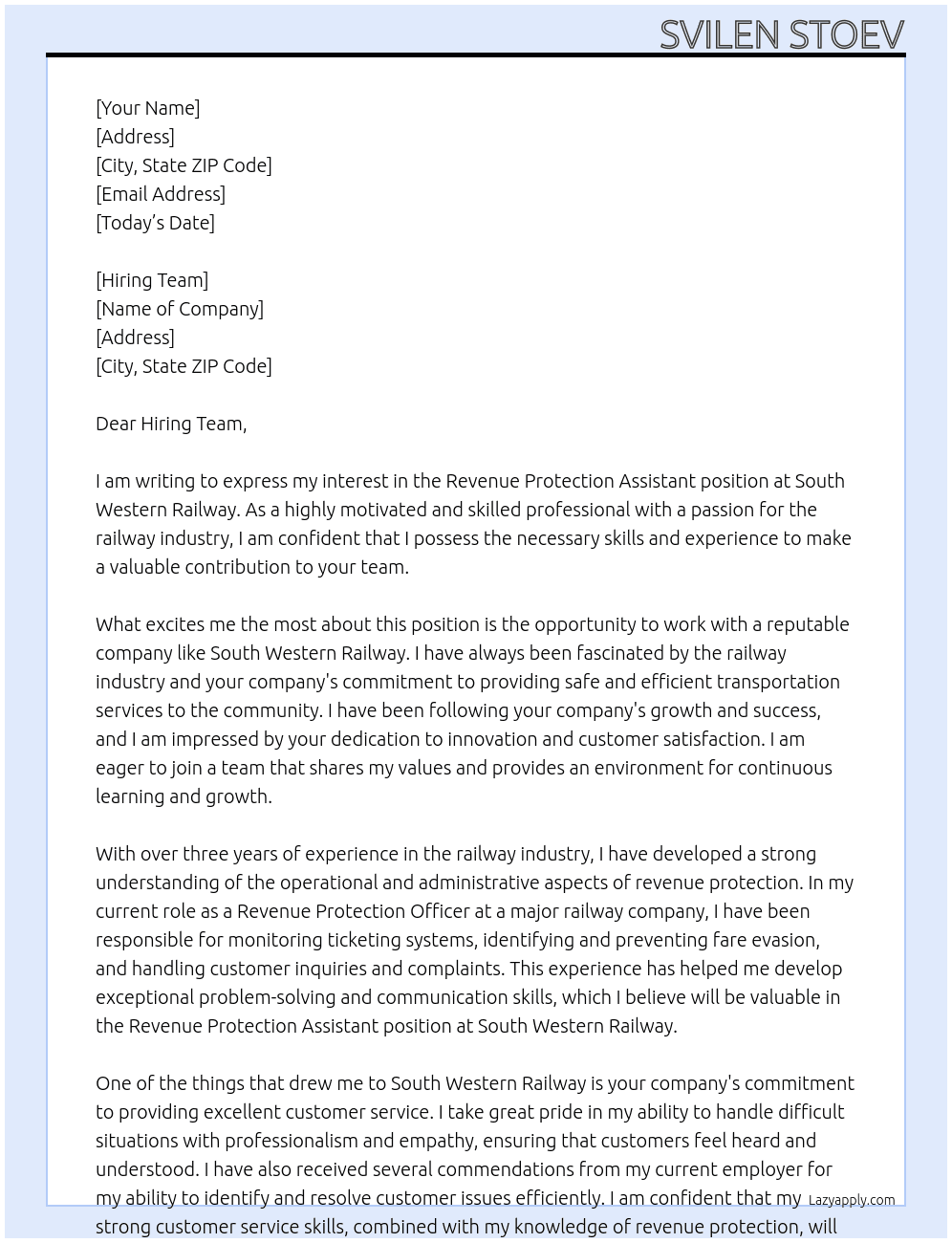 Revenue Protection Assistant At South Western Railway Cover Letter
