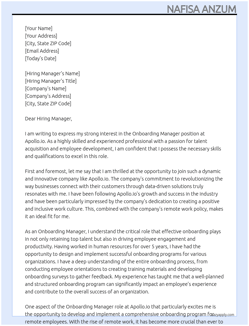 Onboarding Manager At Apollo.io Cover Letter