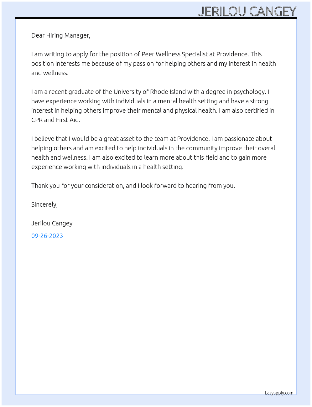 Peer Wellness Specialist  At Providence  Cover Letter