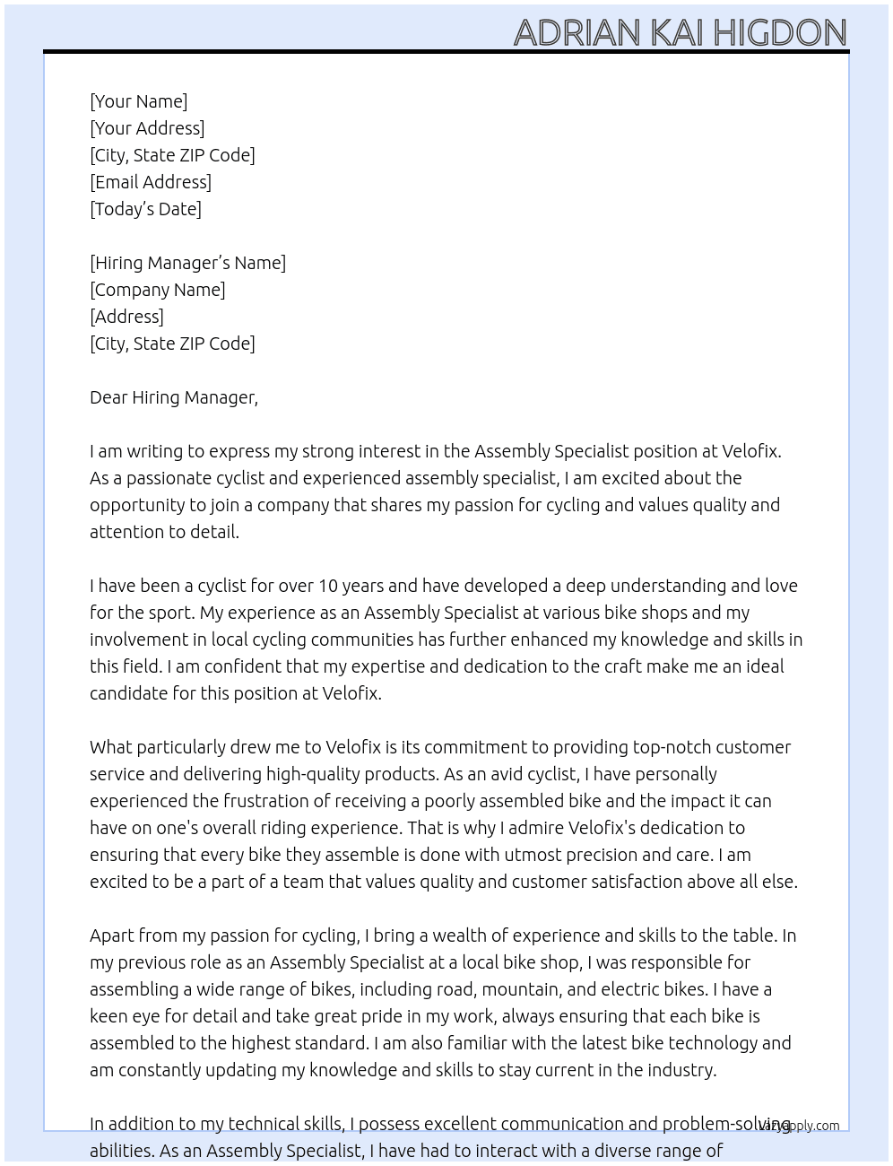 Assembly Specialist At Velofix Cover Letter