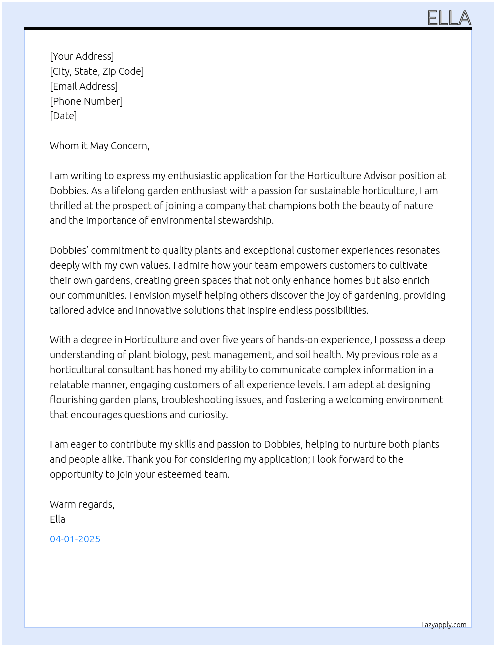 Horticulture advisor  At Dobbies  Cover Letter