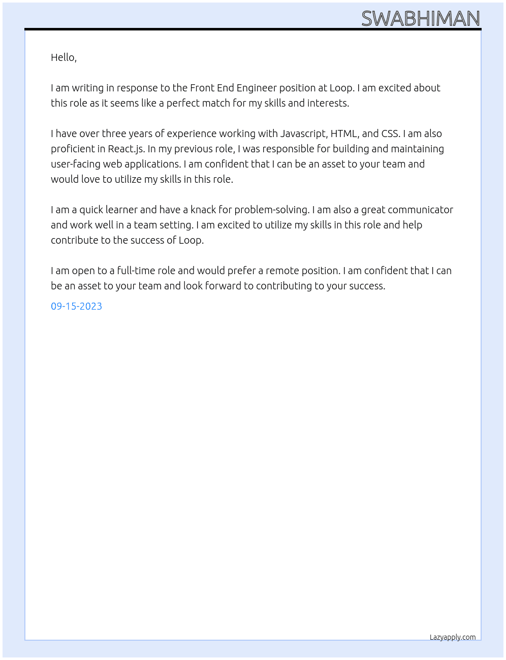 Front End Engineer At Loop Cover Letter