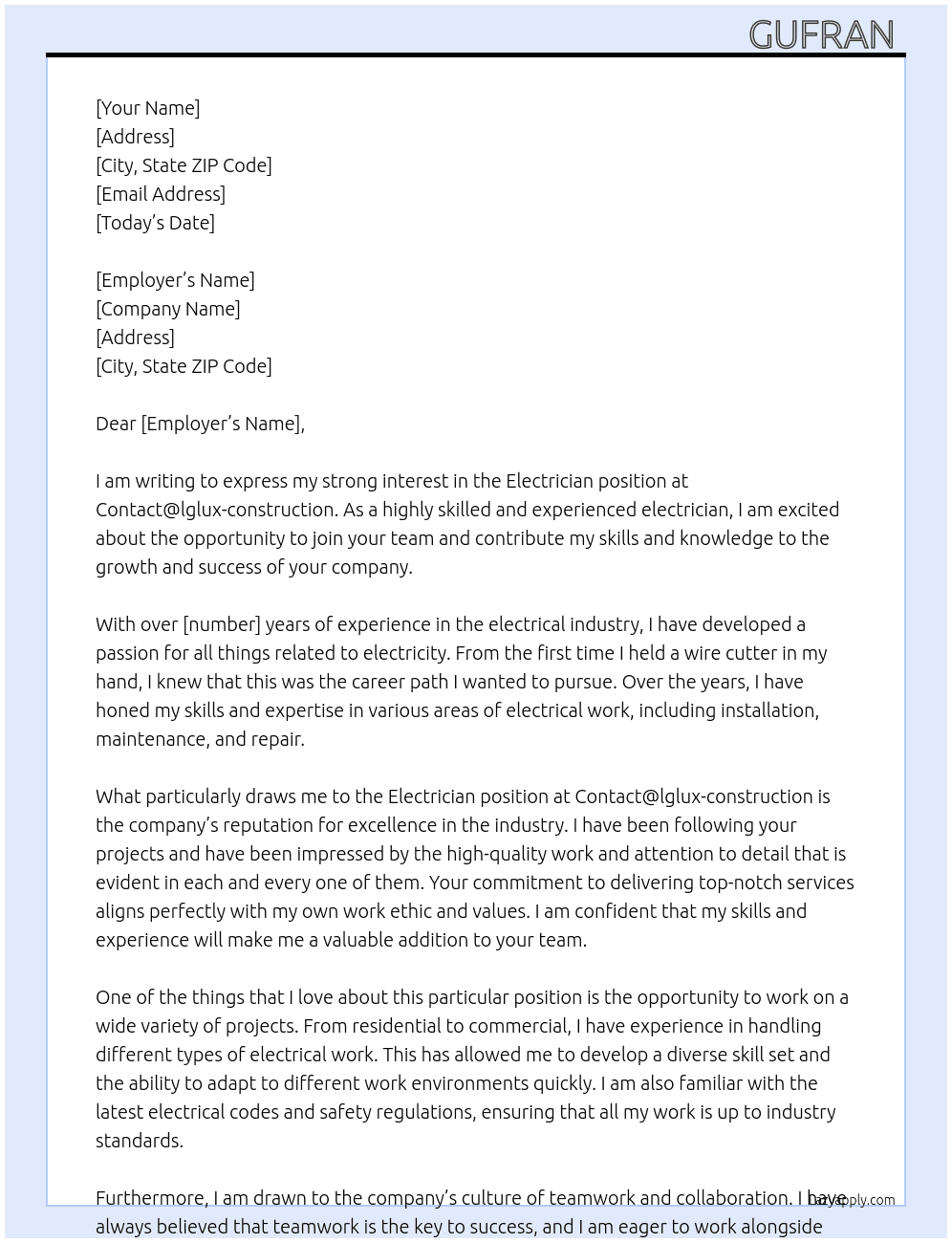 Electrician  At Contact@lglux-construction Cover Letter