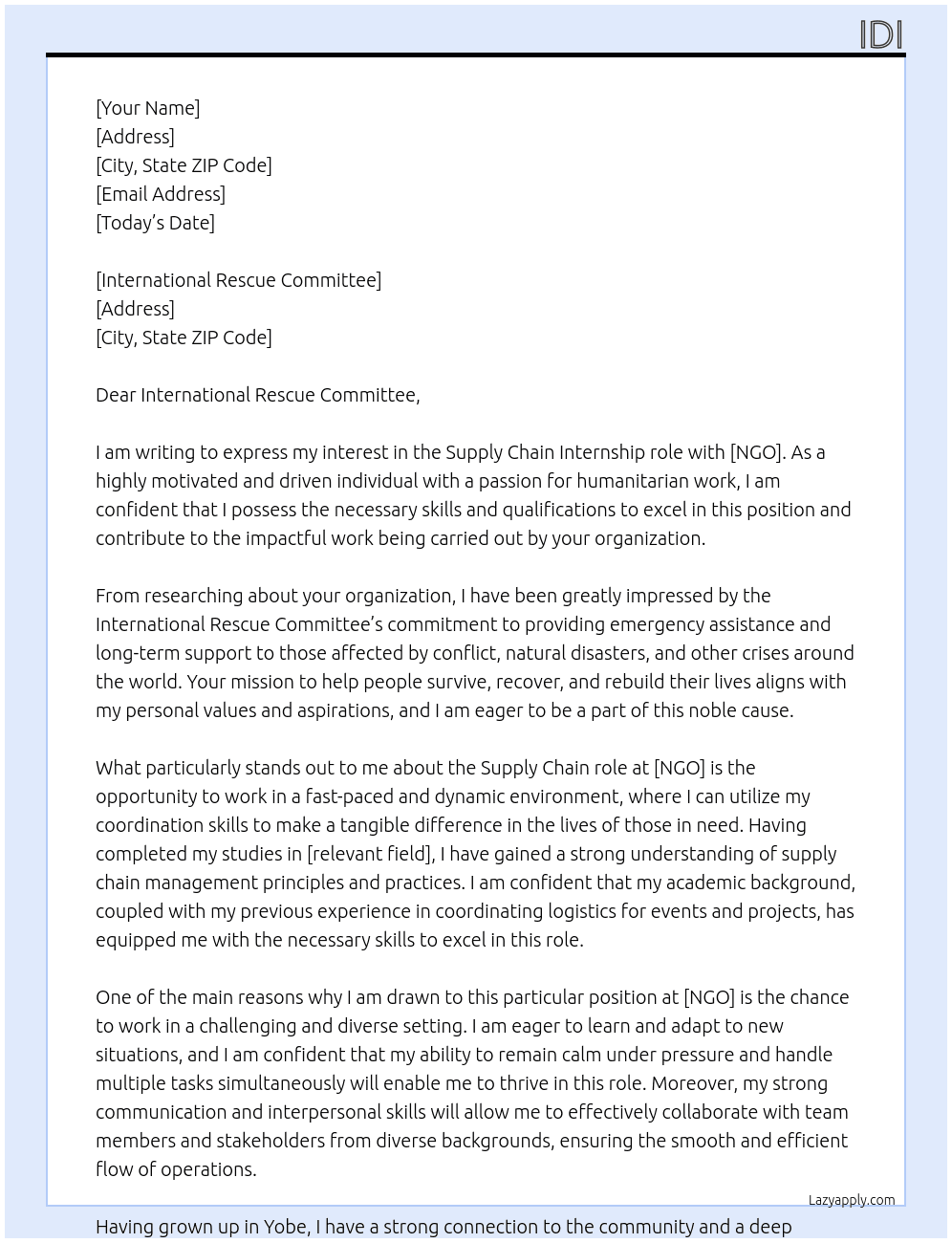Supply chain At NGO Cover Letter